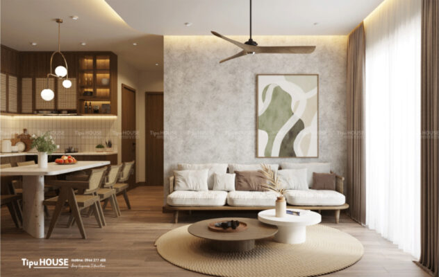 Phòng khách được thiết kế theo phong cách Rustic