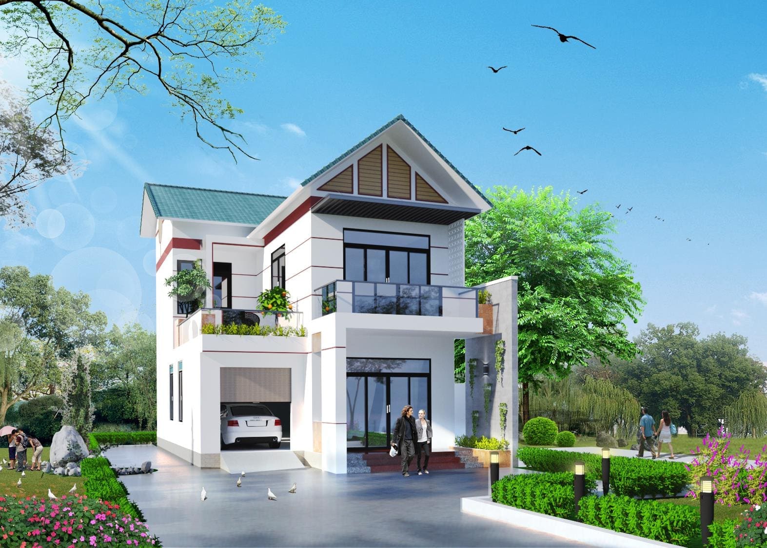 Mẫu thiết kế nhà mái thái 2 tầng 500 triệu đẹp có sân vườn