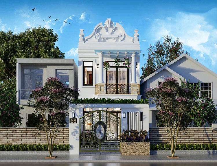 a house with trees and a gate