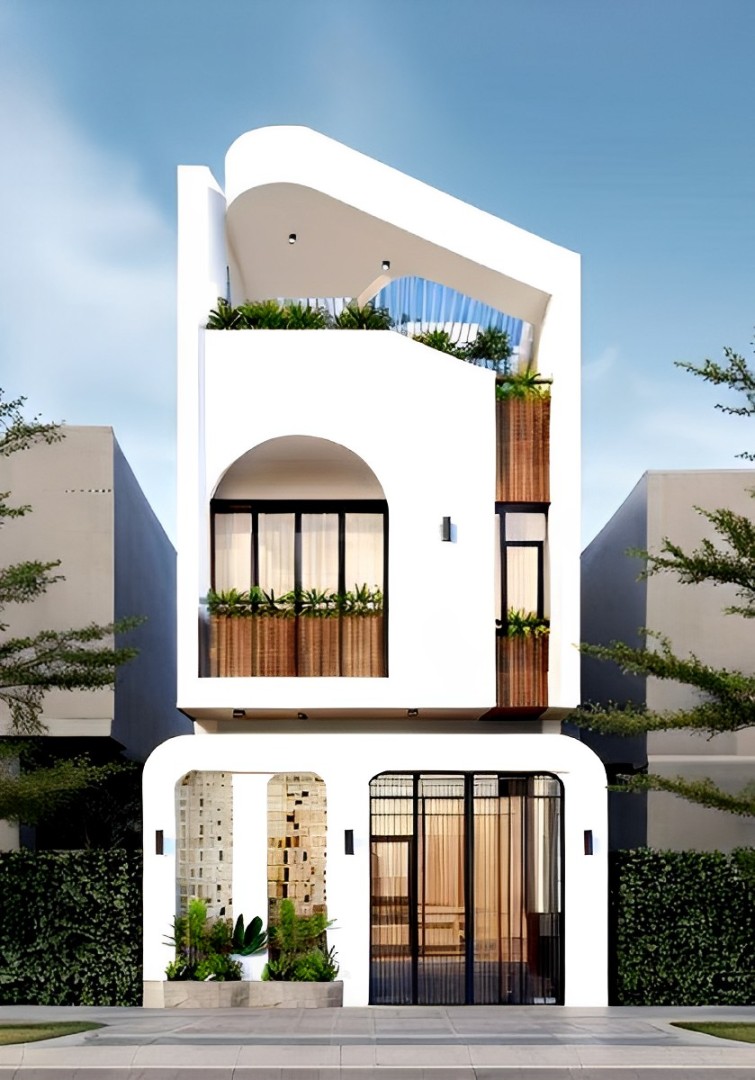 Nhà 1 trệt 1 lầu 4 phòng ngủ phong cách Địa Trung Hải luôn tạo ấn tượng ngay từ ban đầu
