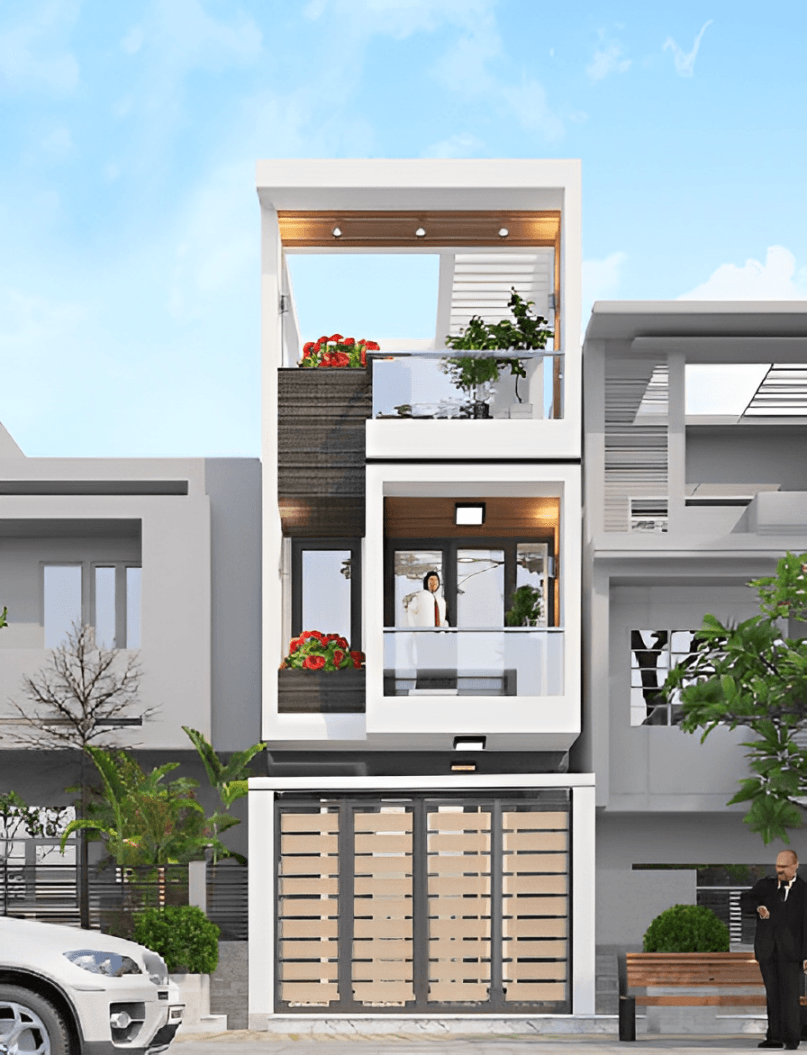 Nhà 1 trệt 1 lầu 4 phòng ngủ 1 tum tone màu trắng thanh lịch nhưng không kém phần ấn tượng