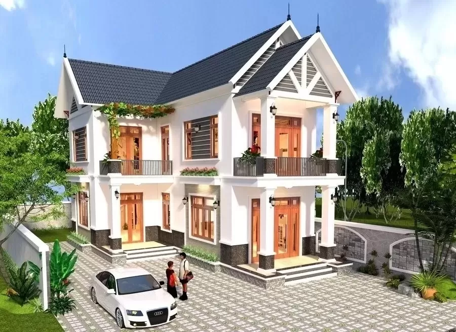 Nhà mái Thái 2 tầng chữ L hiện đại