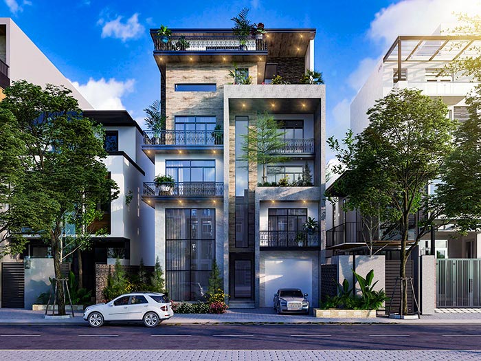Mẫu nhà ống 2 tầng đẹp ở nông thôn có sân vườn độc đáo
