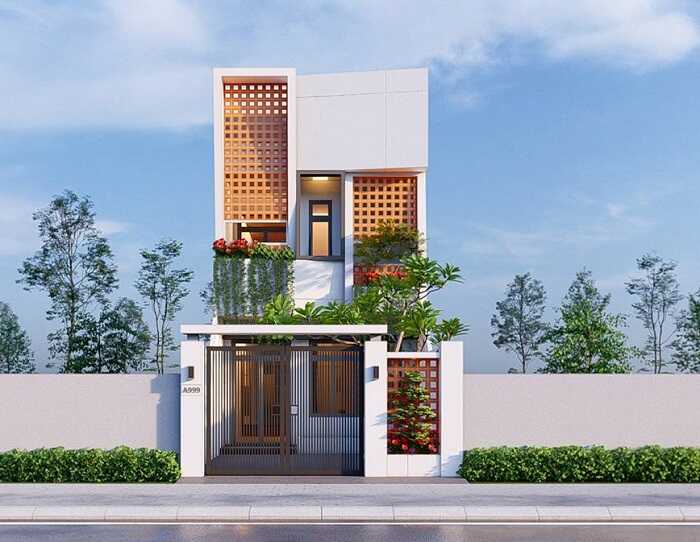 Mẫu nhà ống 2 tầng đẹp ở nông thôn cùng tấm lam sóng màu cam nổi bật