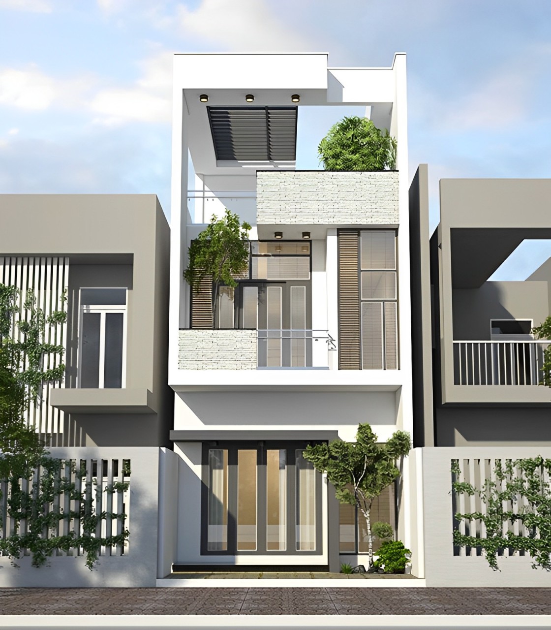 Mẫu nhà ống 2 tầng đẹp ở nông thôn có sân thượng cùng gam màu thanh lịch nhưng không kém phần hiện đại