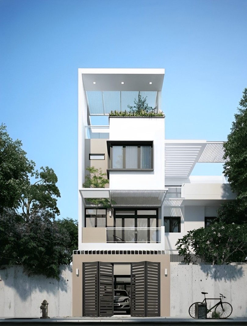 Mẫu nhà ống 3 tầng đẹp có tầng tum gam màu sáng dịu nhẹ hiện đại