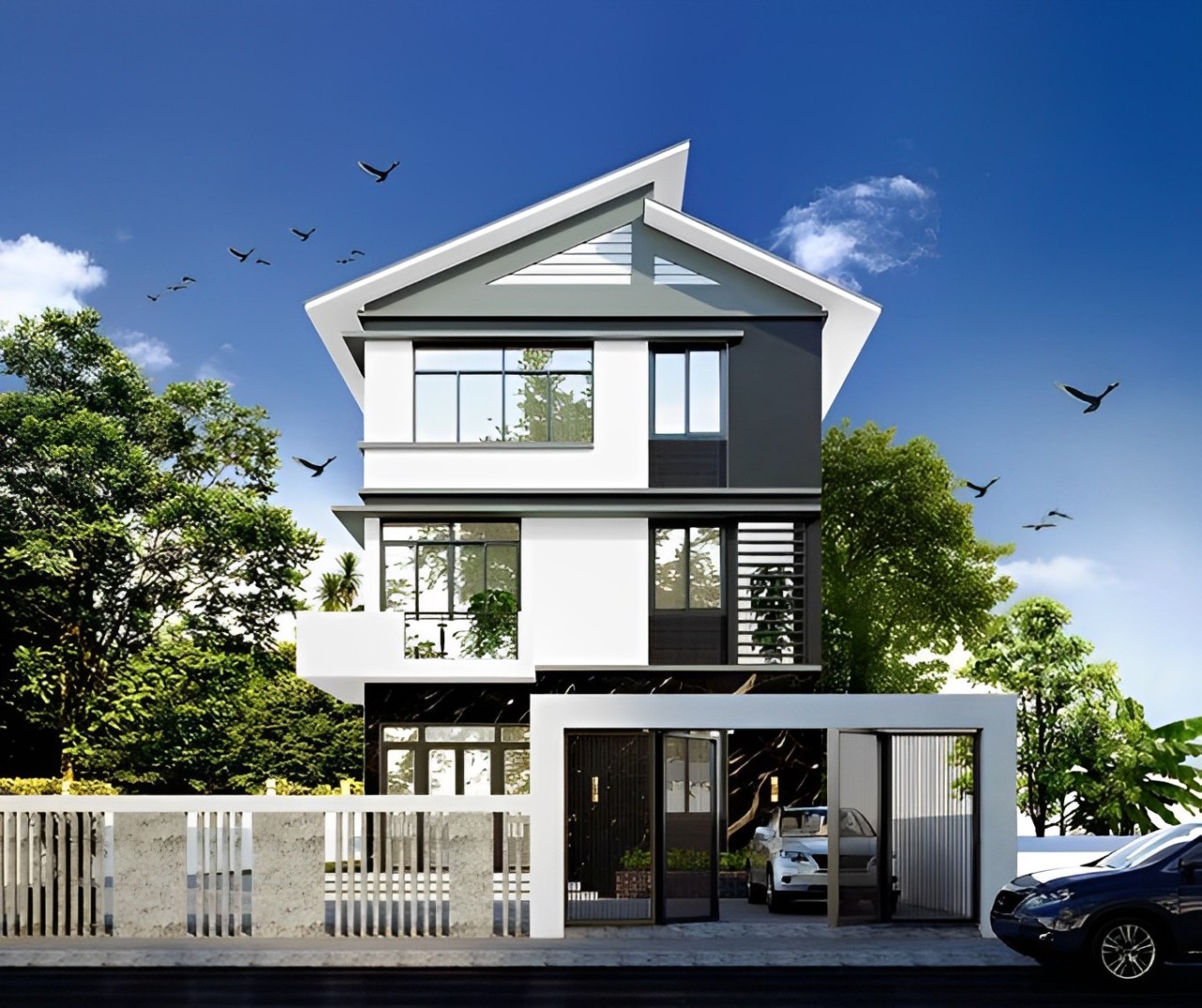 Mẫu nhà ống 3 tầng đẹp mái lệch vơi gam màu đối lập thu hút ánh nhìn