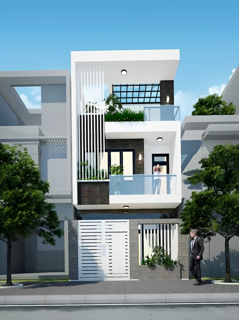 Mẫu nhà ống 3 tầng đẹp với mái bằng gam trắng nâu thanh lịch 