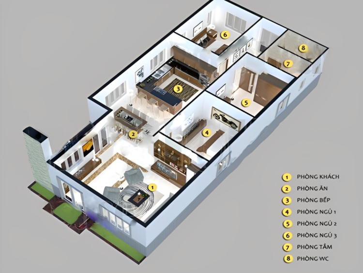 Bản vẽ nhà cấp 4 nông thôn chi tiết được phối cảnh 3D