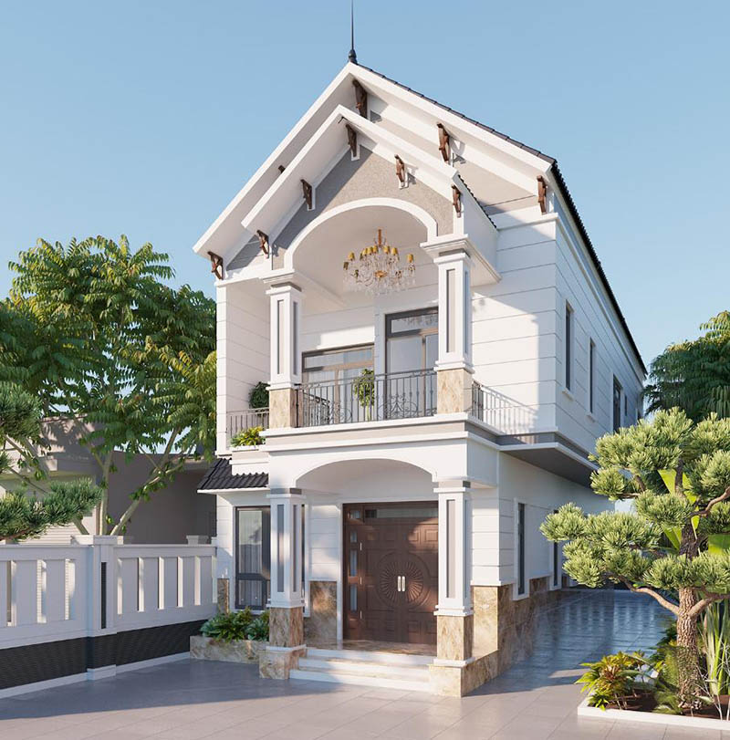 Nhà 1 trệt 1 lửng mái Thái ấn tượng với gam trắng thanh lịch