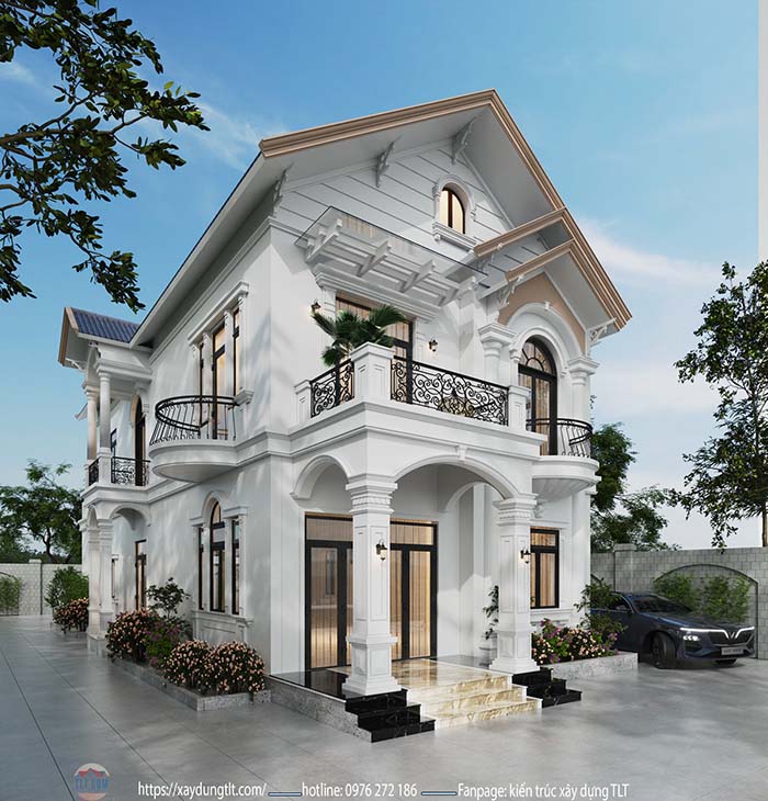 Nhà 1 trệt 1 lửng tân cố điển tạo nên vẻ đẹp sang trọng với gam màu trắng thanh lịch