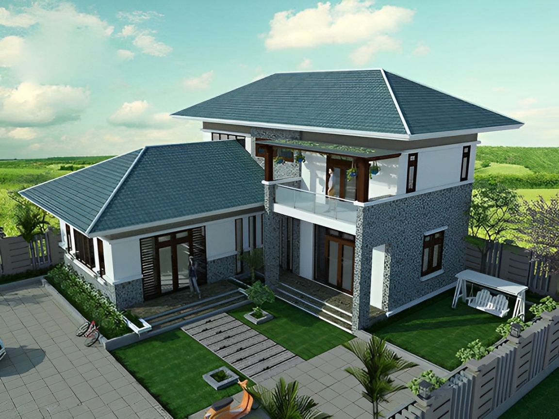 Mẫu nhà 2 tầng chữ L 100m2 mái Nhật sang trọng