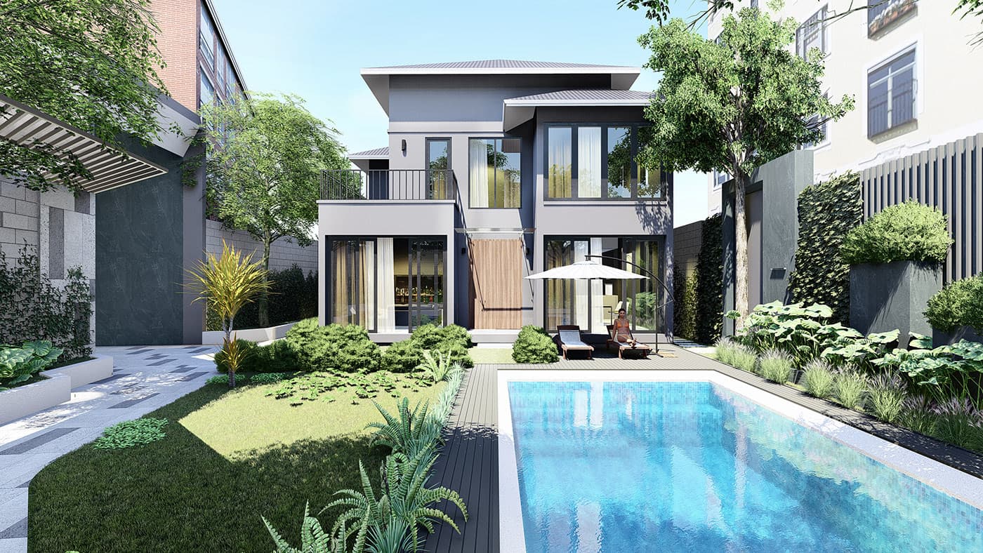 Mẫu nhà 2 tầng chữ L 100m2 4 phòng ngủ