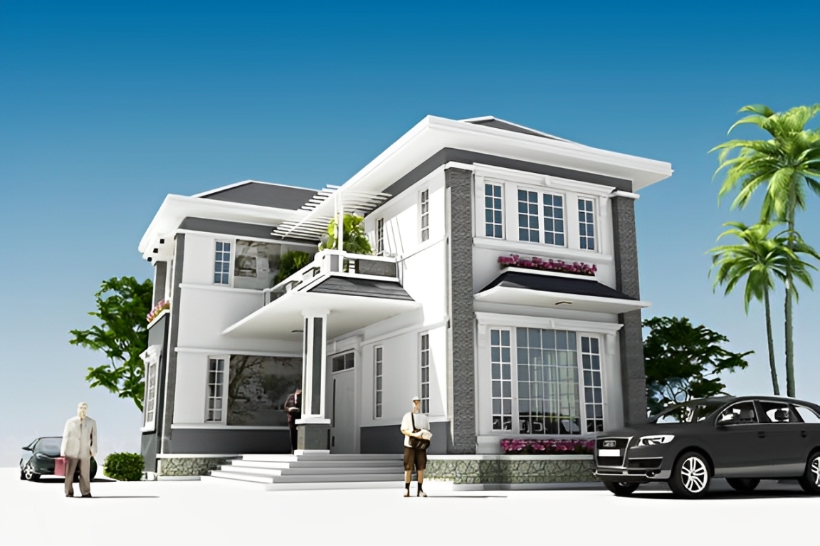 mẫu nhà 2 tầng chữ L 100m2 4 phòng ngủ