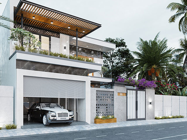 Mẫu nhà 2 tầng chữ L 100m2 có gara ô tô