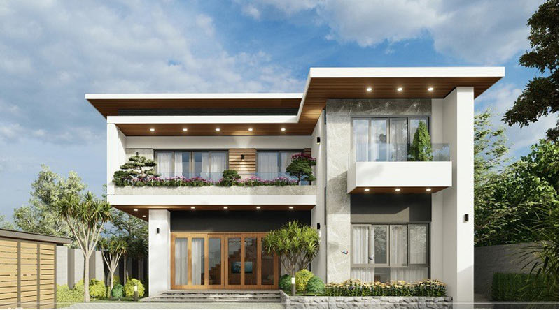 Mẫu nhà 2 tầng chữ L 100m2 có phòng thờ