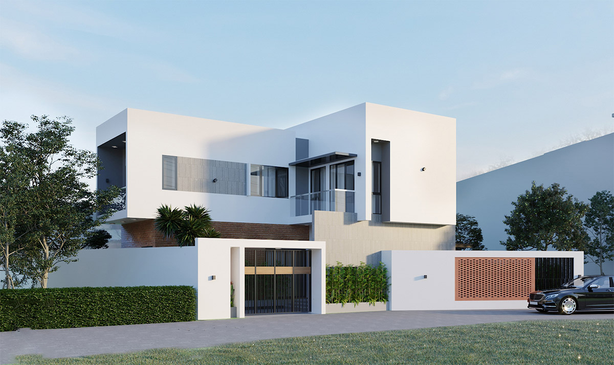 Mẫu nhà 2 tầng chữ L 100m2 hiện đại