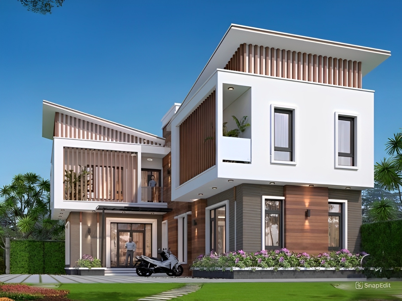 Mẫu nhà 2 tầng chữ L 100m2 mái lệch đẹp