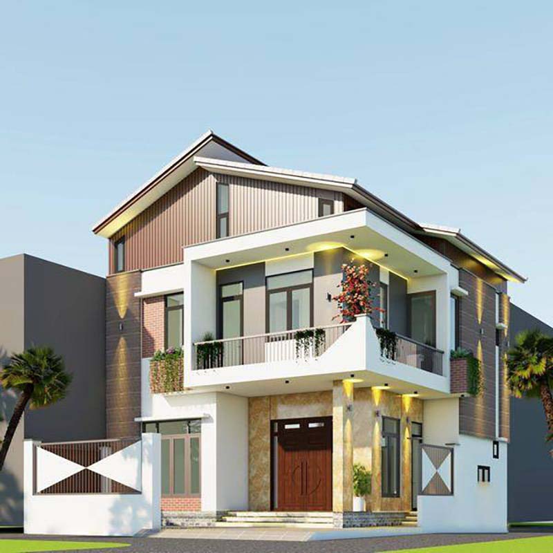 Mẫu nhà 2 tầng chữ L 100m2 mái lệch độc đáo