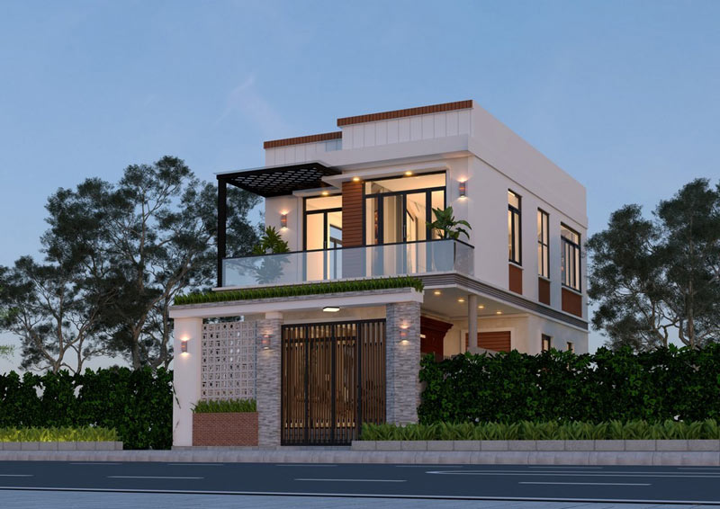 Mẫu nhà 2 tầng chữ L 100m2 ở nông thôn