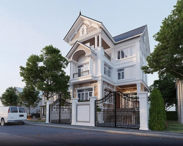 Mẫu nhà 2 tầng chữ L 100m2 tân cổ điển đẹp