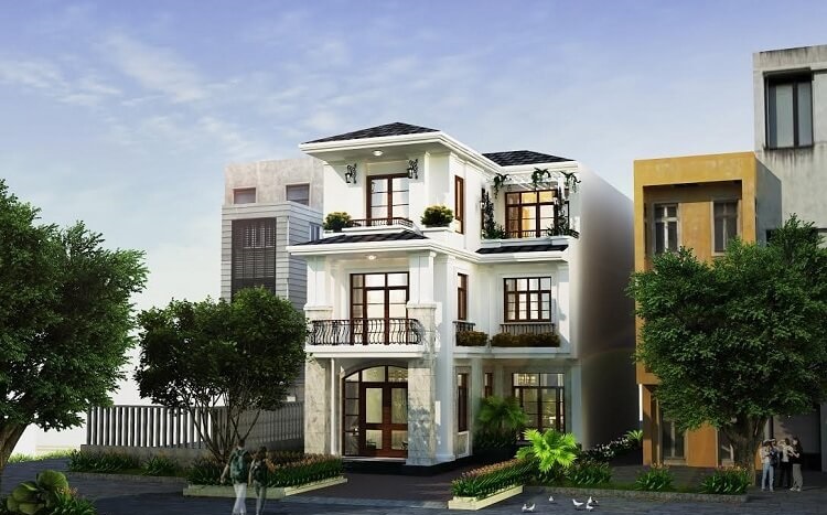Mẫu nhà 2 tầng chữ L 100m2 tân cổ điển mái Nhật