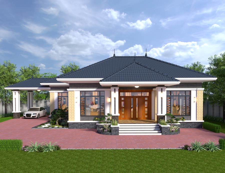 Mẫu nhà cấp 4 mái Thái 8x12m có gara tiện nghi 