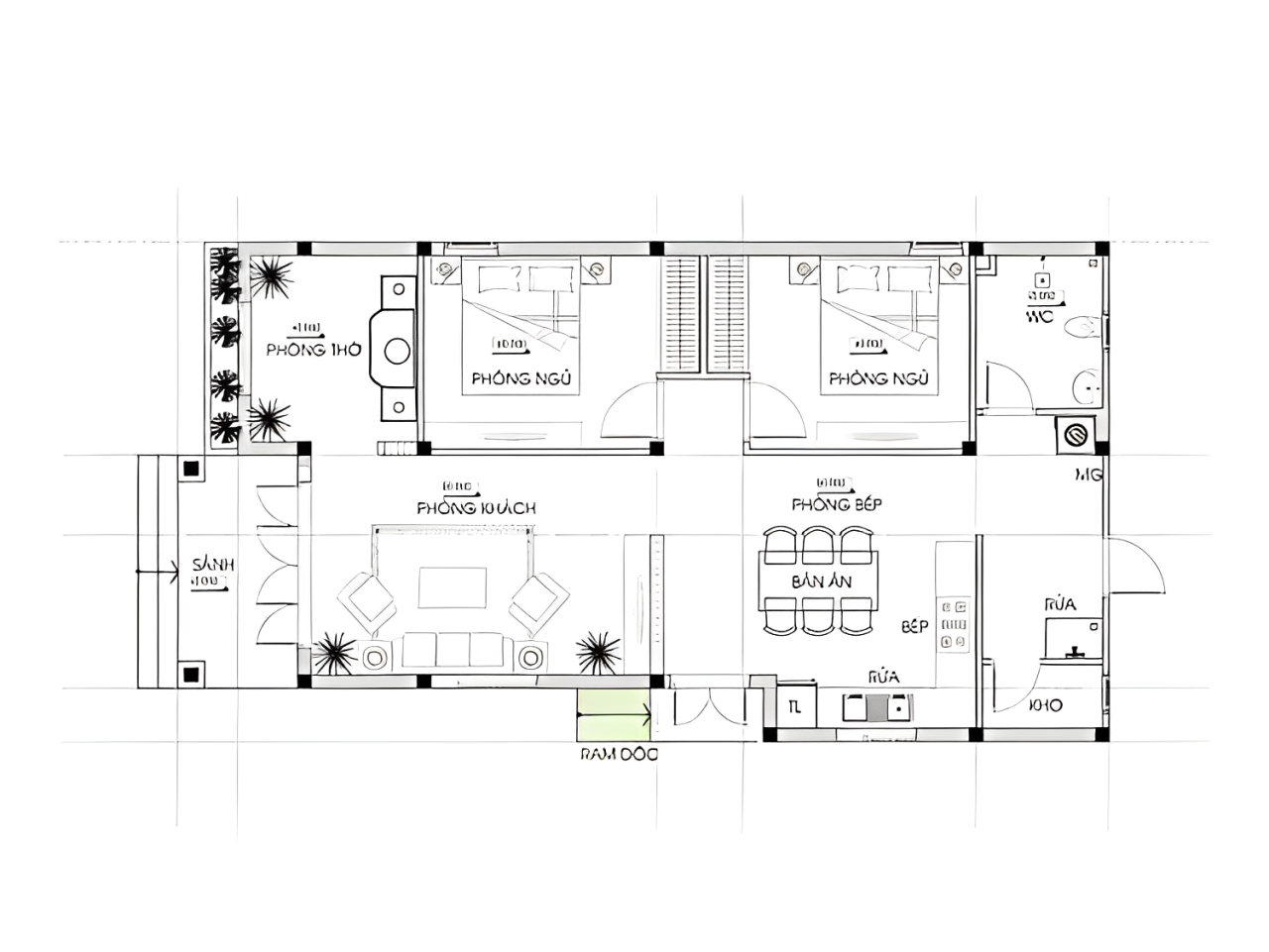 Bản vẽ nhà cấp 4 2 phòng ngủ thiết kế mái lệch