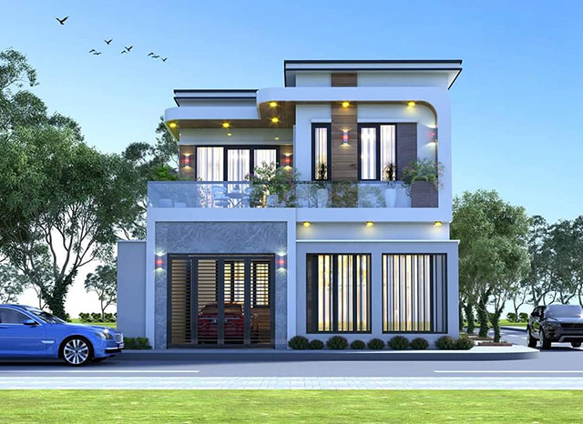 Mẫu nhà 2 tầng chữ L mái bằng tối giản