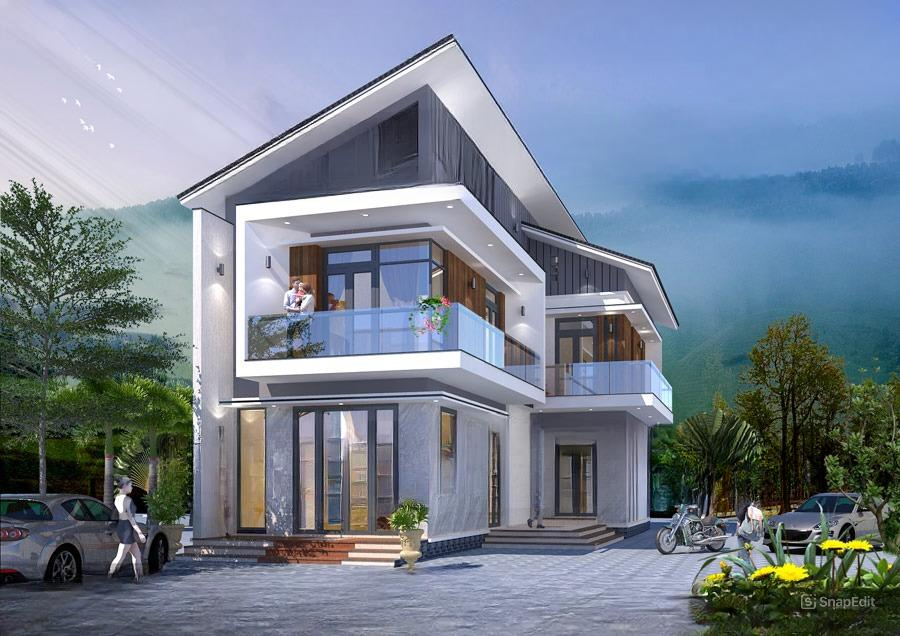 Mẫu nhà 2 tầng chữ L mái lệch độc đáo