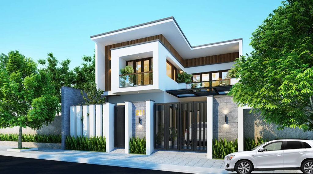 Mẫu nhà chữ L 2 tầng 5x20m ở nông thôn