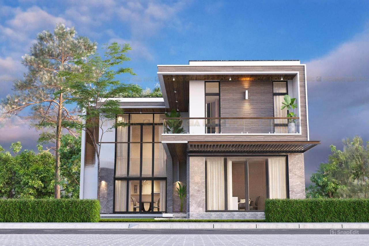 Mẫu nhà chữ :L 2 tầng với mái bằng đơn giản thanh lịch