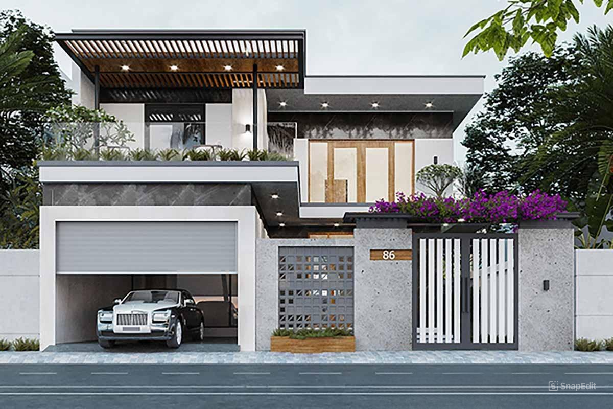 Mẫu nhà chữ L 2 tầng đẹp với mái bằng tiện nghi