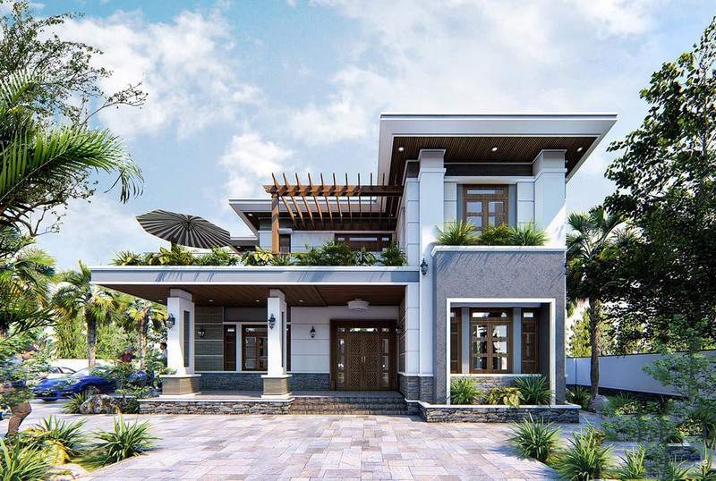 Mẫu nhà chữ L 2 tầng có sân vườn xanh mát dịu không gian 