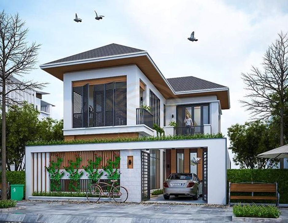 Mẫu nhà chữ L 2 tầng mái Nhật thanh lịch 