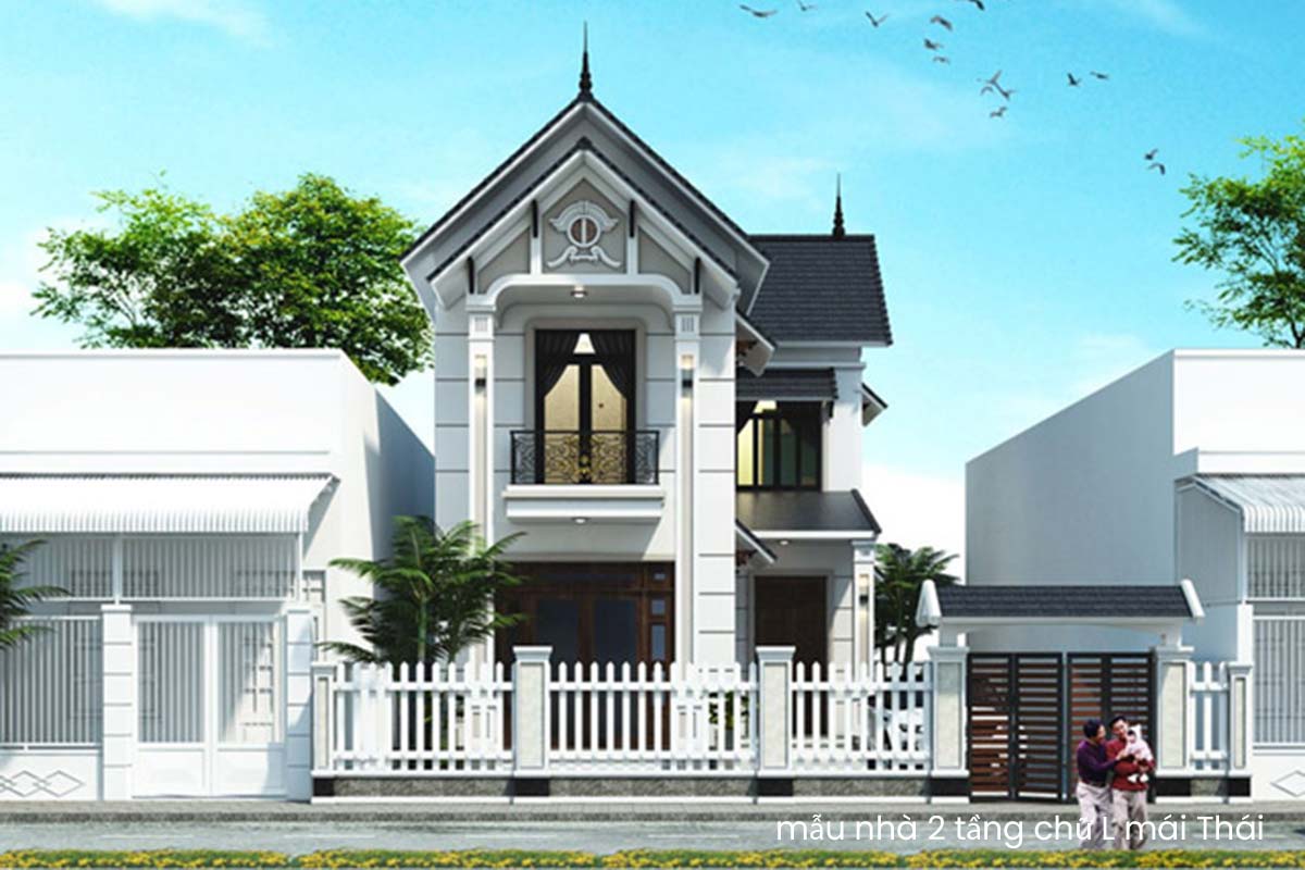 Mẫu nhà chữ L 2 tầng mái Thái sang trọng với gam xám trắng hiện đại 